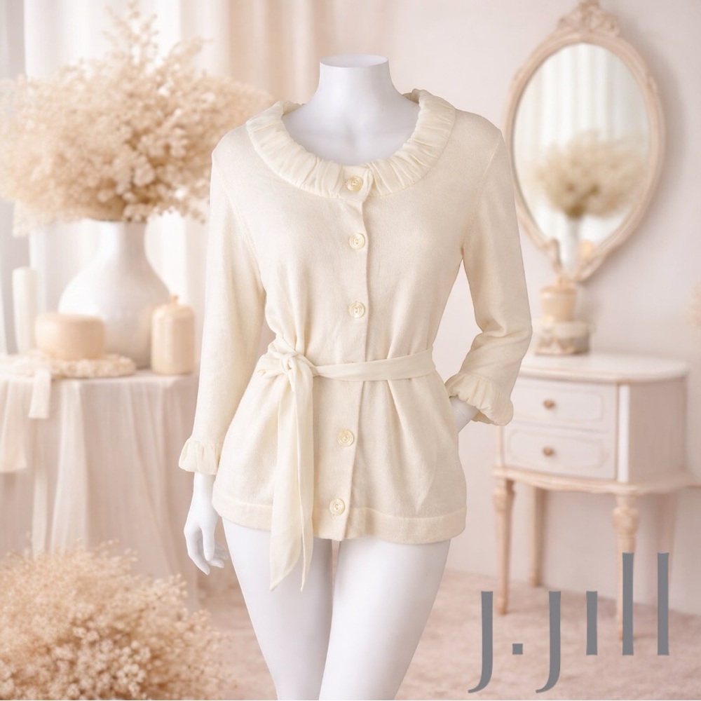 J Jill Sweater Angora Blend Ivory Tie Waist 3/4 Sleeve Ruffled Button Up Medium